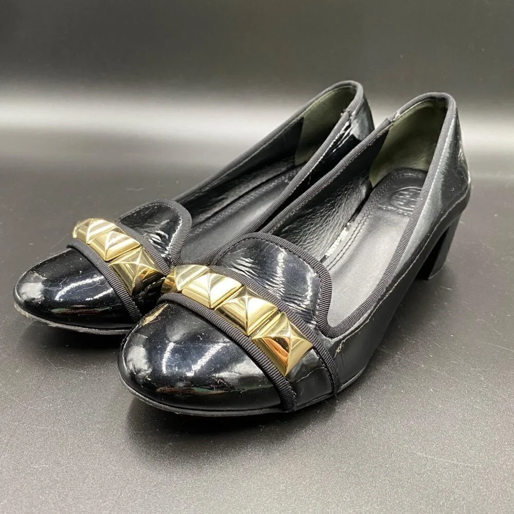 Tory Burch Asher Patent Studded Rockstud Pump Black Women's Size 6
